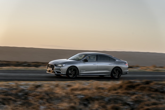 DS 9 E-Tense Performance Line sedan driving on a road
