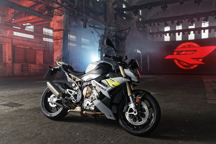 BMW S1000R motorcycle in industrial setting 4K