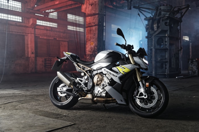 BMW S1000 motorcycle in industrial warehouse 4K