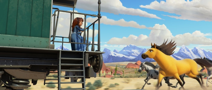 Lucky Prescott on a train with horses running