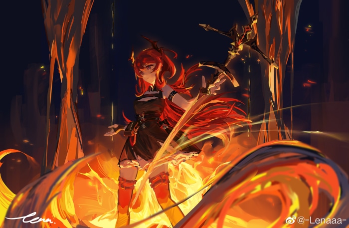 Surtr from Arknights with flaming sword
