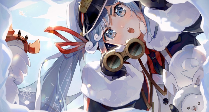 Hatsune Miku with binoculars and a crab in snow