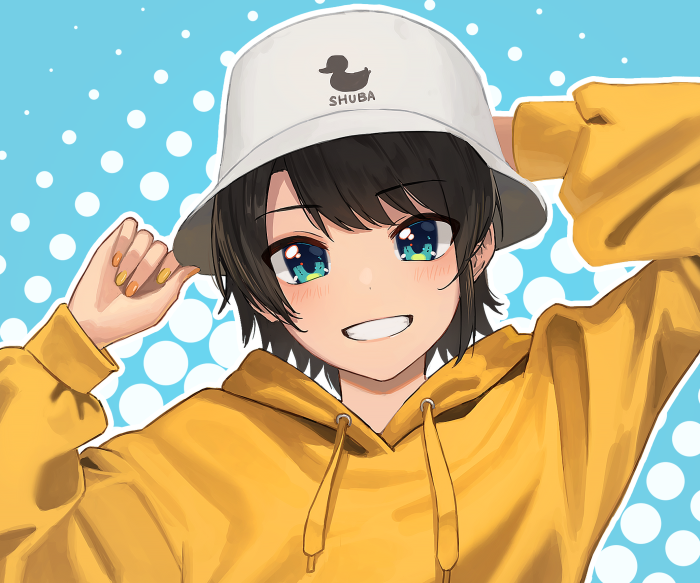 Oozora Subaru from Hololive wearing a bucket hat and hoodie