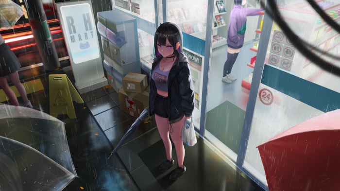 Girl in rain outside RH Mart