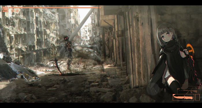 Girl with sword in ruined city
