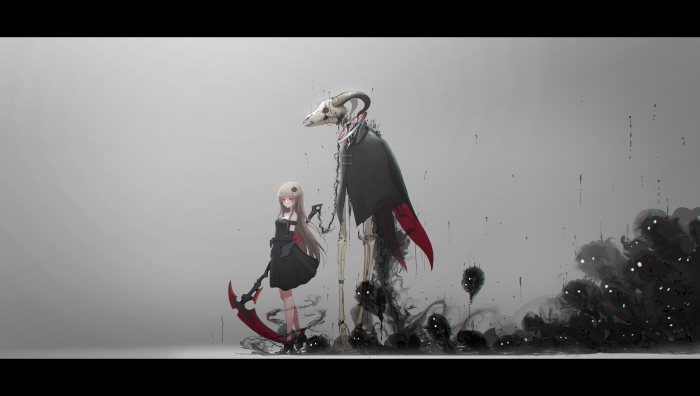 Girl with Scythe and Skeleton Companion