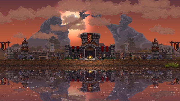 Kingdom: Two Crowns castle with statues and reflection