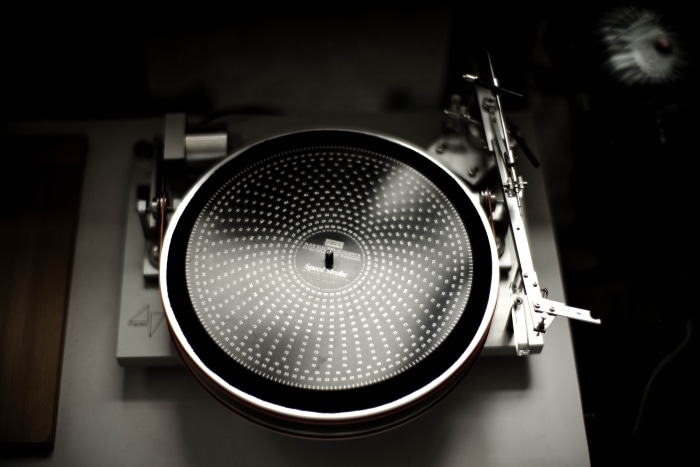 Close-up of a turntable platter with speed markings