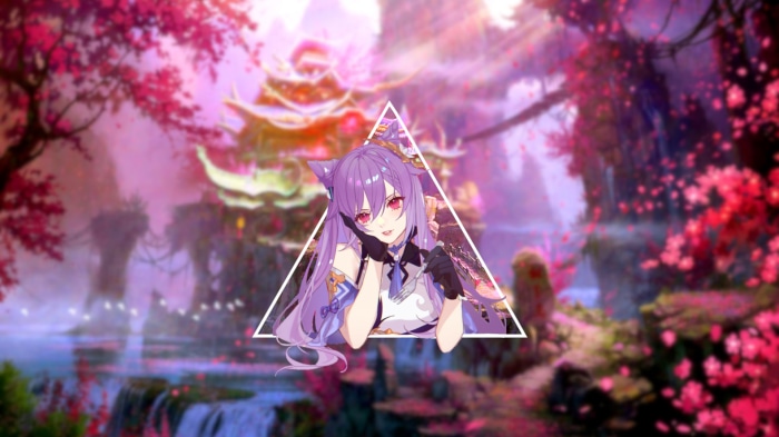Keqing from Genshin Impact in a fantasy landscape