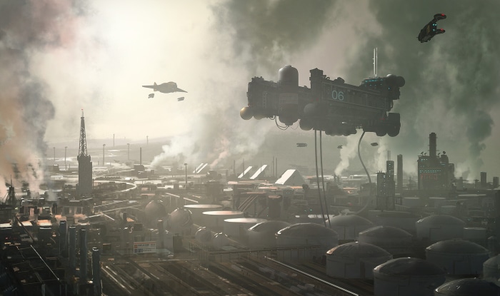 Industrial Cityscape with Flying Vehicles