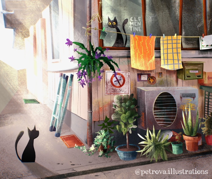 Cat on a clothesline by Clementine Petrova