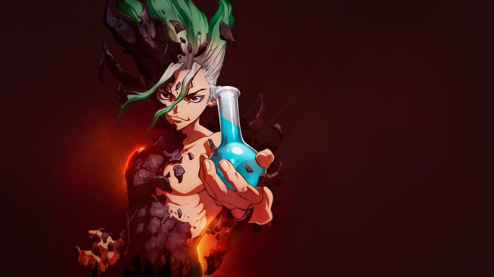 Senku Ishigami from Dr. Stone holding a flask