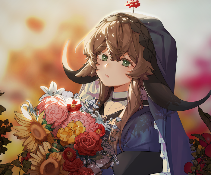 Pallas from Arknights holding flowers
