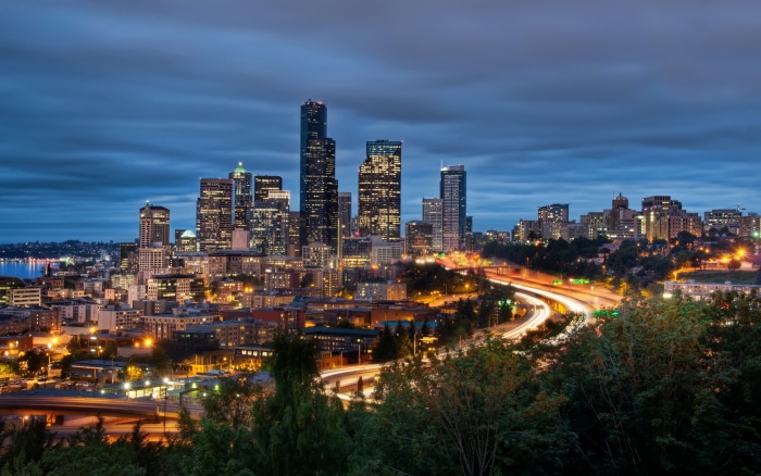 Seattle Cityscape at Dusk with Highway Traffic