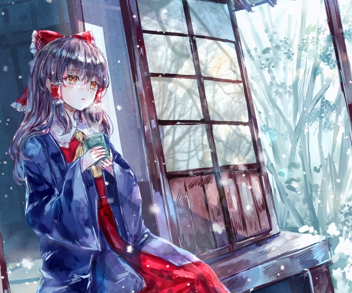 Reimu Hakurei from Touhou holding a cup