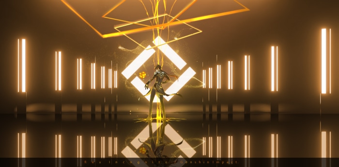 Zhongli from Genshin Impact in a golden chamber