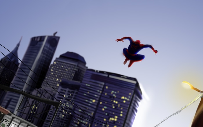 Spider-Man jumping between buildings