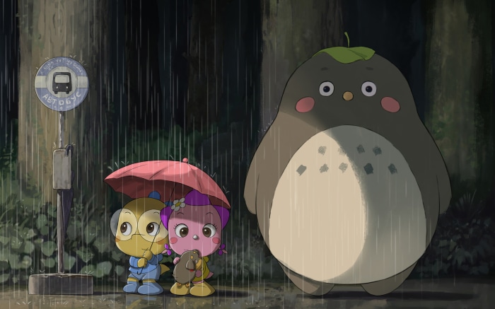 Characters from My Neighbor Totoro at a bus stop in the rain