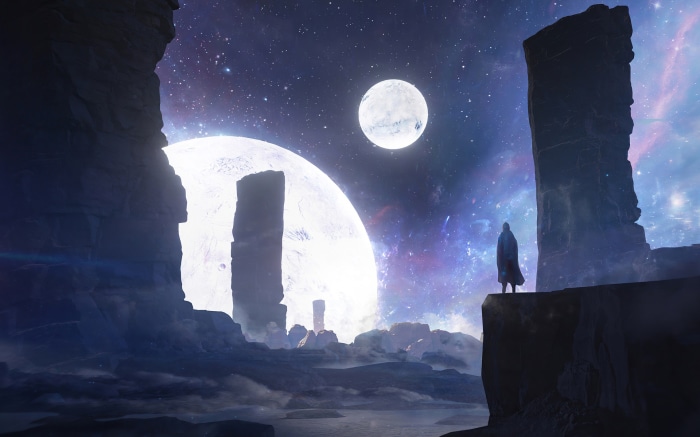 Sci Fi Landscape with Planets and Standing Figure