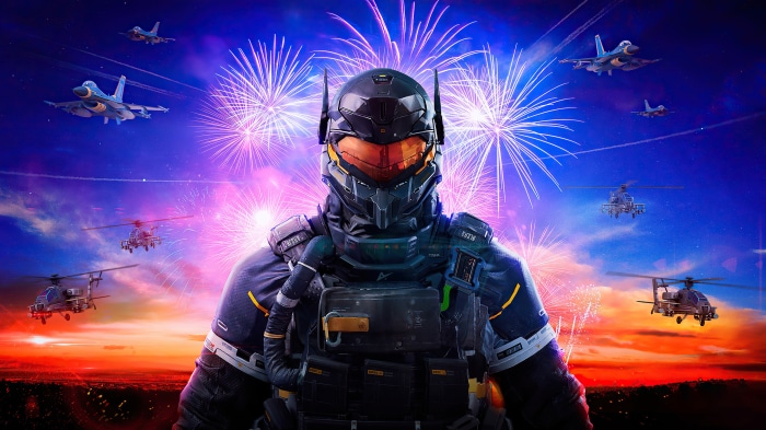 Soldier with helicopters and jets during fireworks