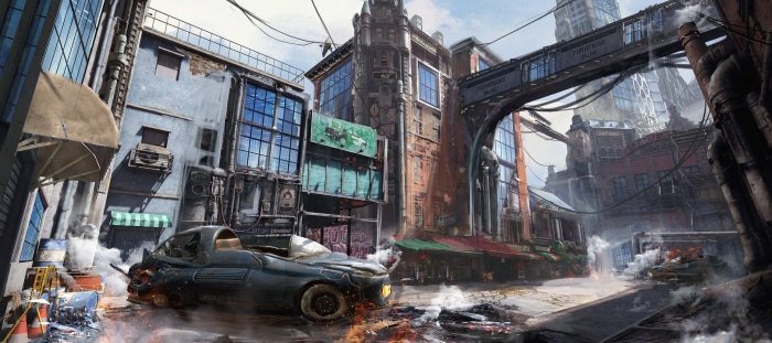 Sci Fi Futuristic Cityscape with Damaged Car