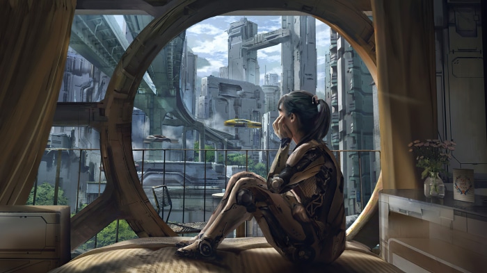 Sci-Fi Cyborg Looking Out at Futuristic City