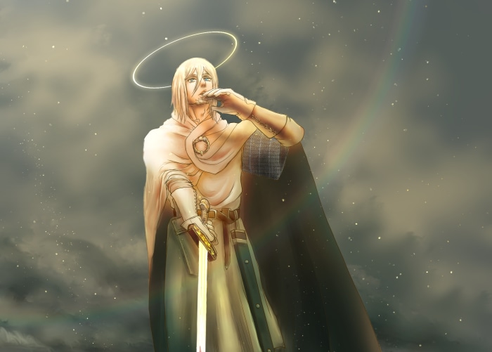 Eskil from Vinland Saga with a halo and sword