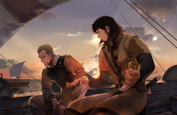 Askeladd and Bjorn from Vinland Saga on a ship at sunset