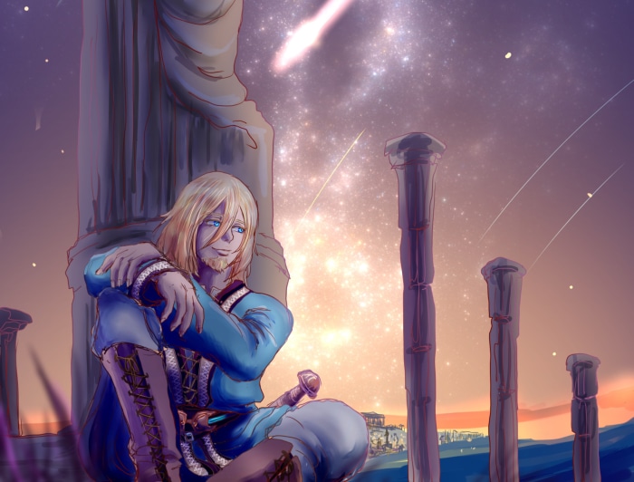 Eskil from Vinland Saga sitting by ruins under starry sky