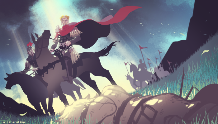 Bjorn and Askeladd from Vinland Saga on horseback