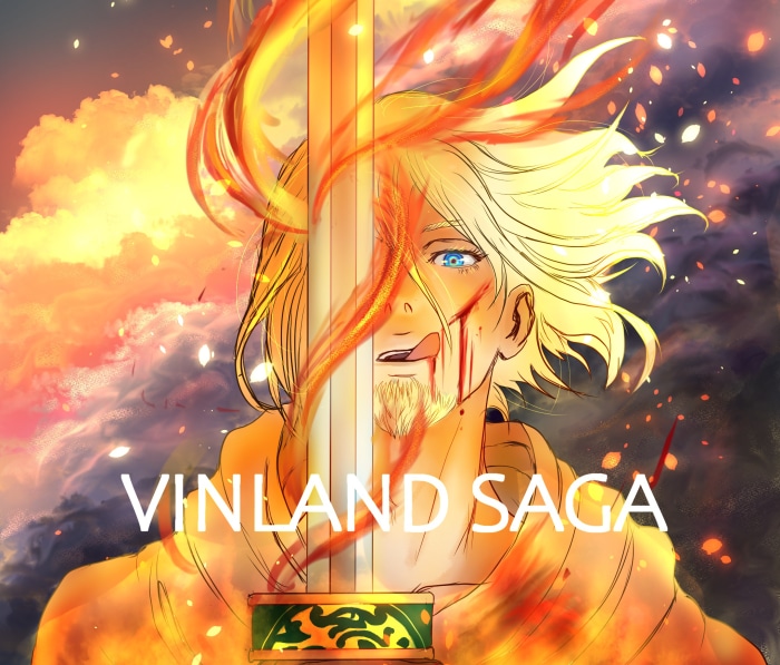 Eskil from Vinland Saga with sword and fire