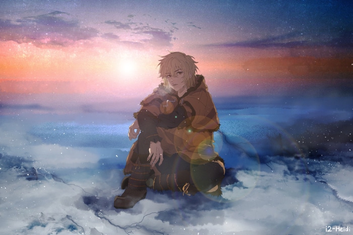 Thorfinn from Vinland Saga sitting at sunset