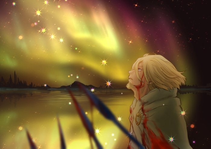 Eskil from Vinland Saga under the aurora