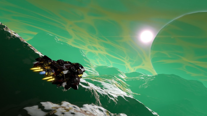 Space Engineers spaceship flying near a planet