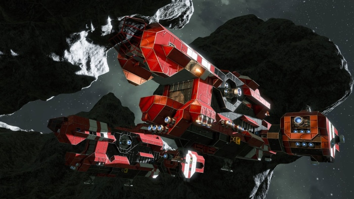 Red and white spaceship among asteroids in space