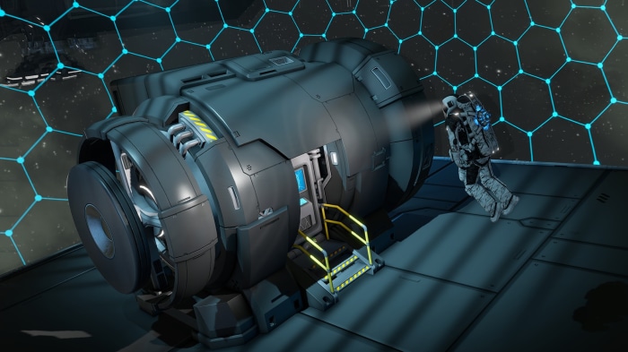 Astronaut working on a spaceship in Space Engineers