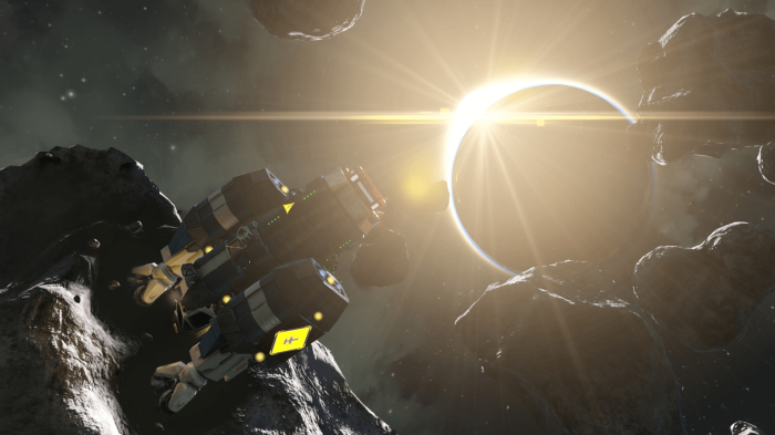 Space Engineers spaceship near asteroids during solar eclipse