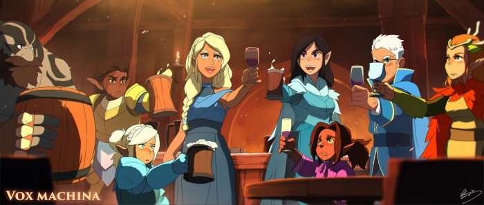 Vox Machina characters celebrating in a tavern