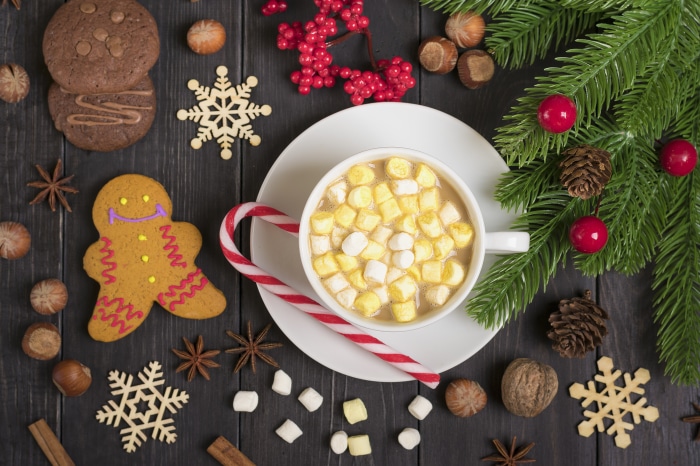 Hot Chocolate with Marshmallows and Christmas Decorations