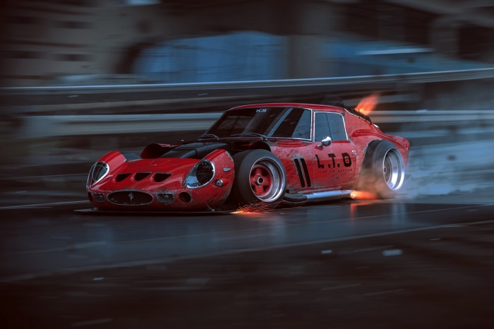 Red Ferrari 250 GTO with flames and sparks