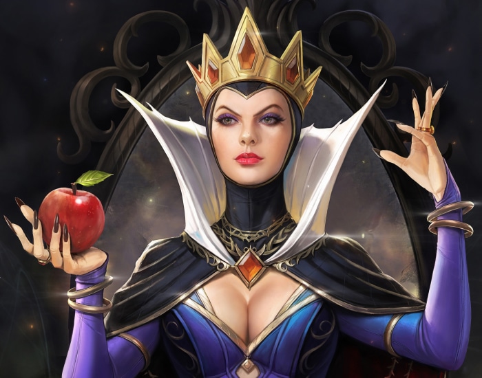 Evil Queen from Snow White and the Seven Dwarfs holding an apple