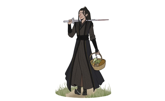 Xue Yang from The Untamed with a sword and basket