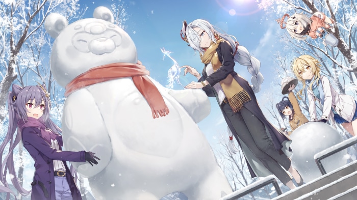 Keqing, Xiangling, Lumine, Shenhe, and Paimon from Genshin Impact building a snowman