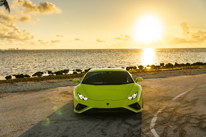 Lime green Lamborghini Huracan Evo 4K by the ocean