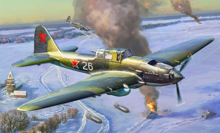 Ilyushin Il-2 Sturmovik attacking tanks in winter