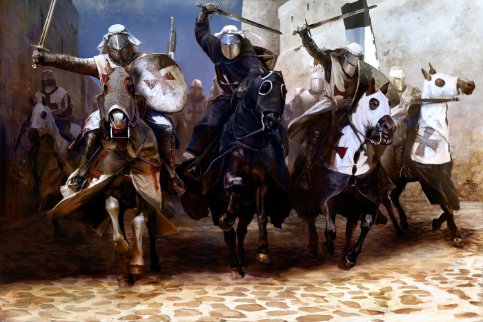 Knights Templar on horseback in battle