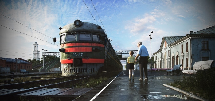 Old man and boy at train station with train