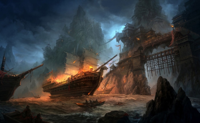 Fantasy battle between ships and a fortress