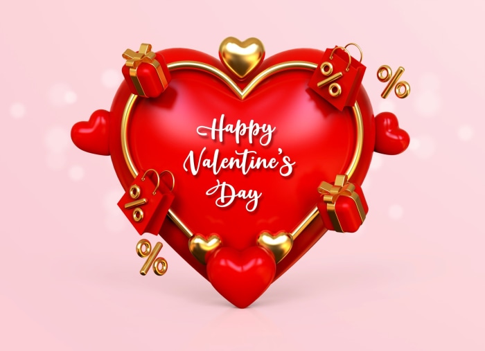 Happy Valentine's Day Heart with Gifts and Sale Bags