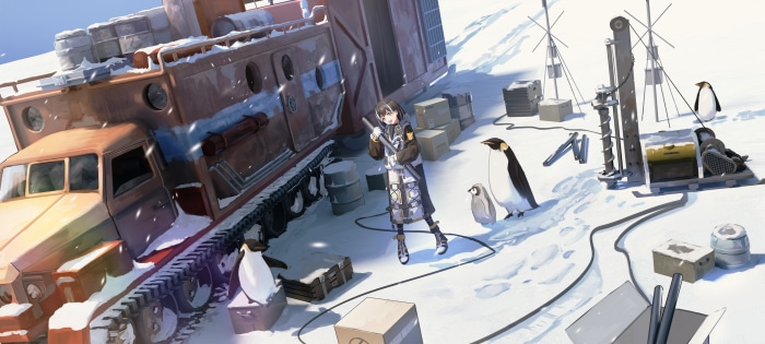 Magallan from Arknights in a snowy research outpost